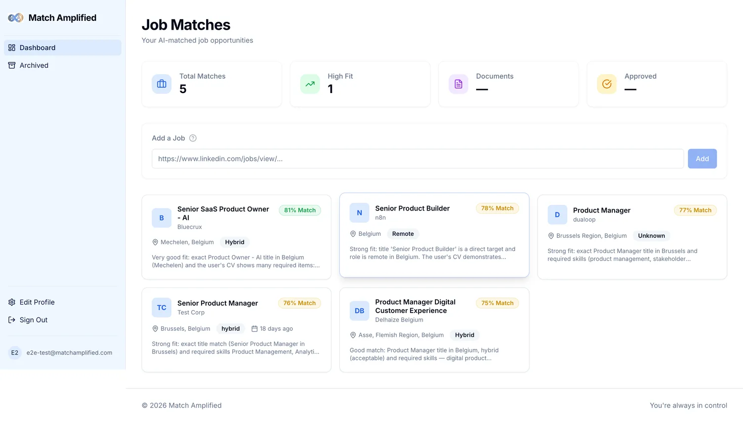 Match Amplified dashboard listing six AI-matched jobs with fit-score badges, company, location and a one-line rationale per card.