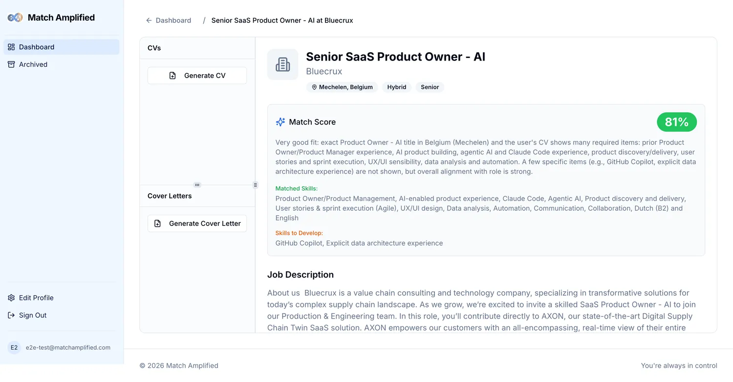 Job detail view for a Senior SaaS Product Owner role: 81% match score, matched skills, skills to develop and Generate CV / Generate Cover Letter buttons.