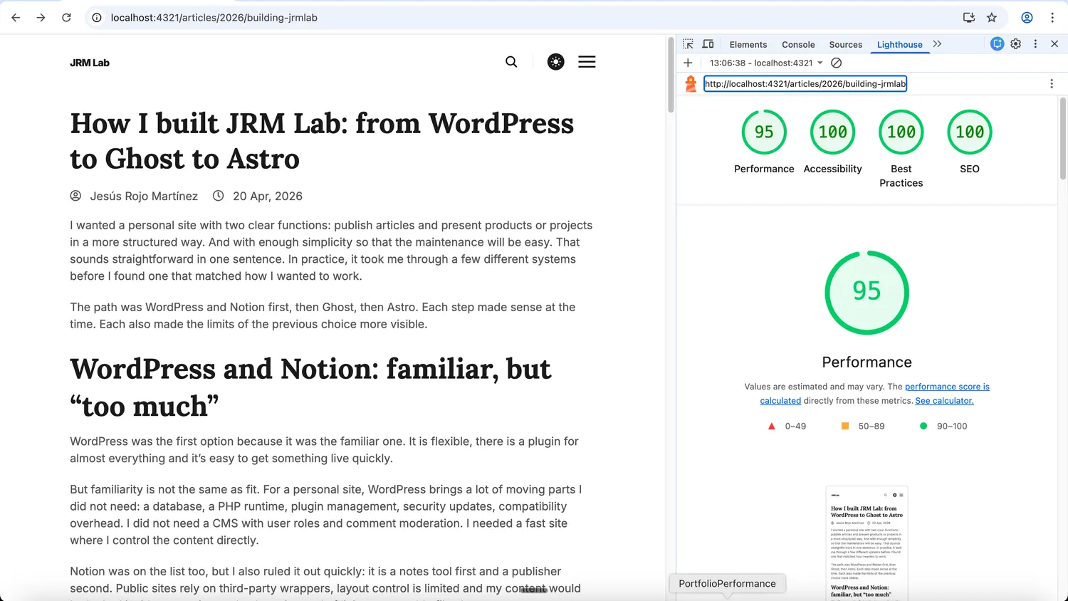 Lighthouse scores for the JRM Lab article page