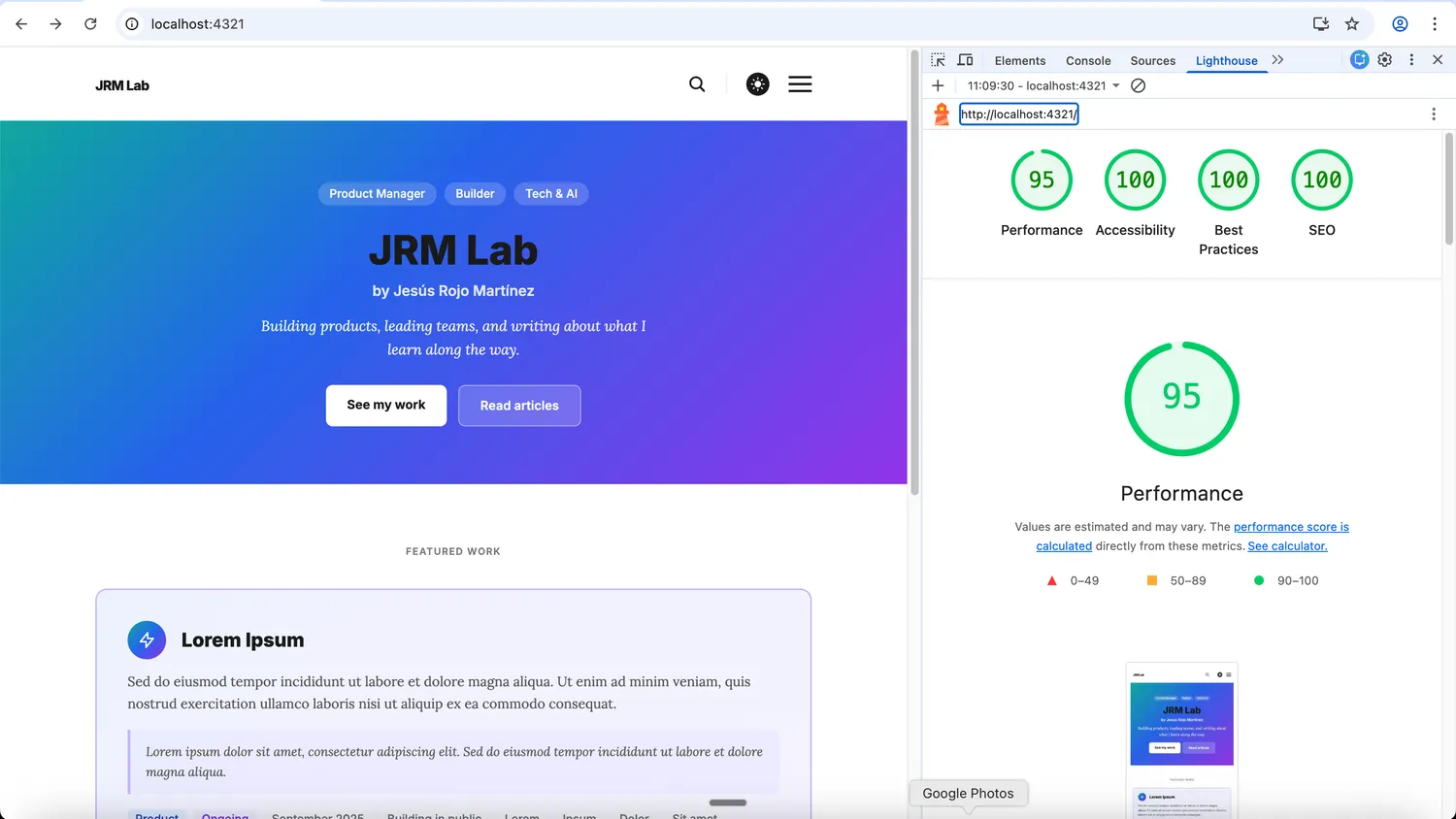 Lighthouse scores for the JRM Lab home page