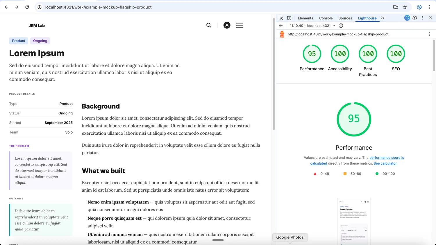 Lighthouse scores for the JRM Lab work page